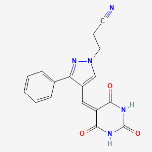 molecular formula C17H13N5O3 B2491585 3-(3-phenyl-4-((2,4,6-trioxotetrahydropyrimidin-5(2H)-ylidene)methyl)-1H-pyrazol-1-yl)propanenitrile CAS No. 475626-30-3
