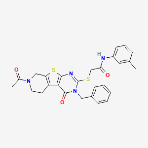 molecular formula C27H26N4O3S2 B2491593 2-[(7-acetyl-3-benzyl-4-oxo-3,4,5,6,7,8-hexahydropyrido[4',3':4,5]thieno[2,3-d]pyrimidin-2-yl)thio]-N-(3-methylphenyl)acetamide CAS No. 1189926-11-1