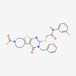 2-({11-acetyl-4-benzyl-3-oxo-8-thia-4,6,11-triazatricyclo[7.4.0.0^{2,7}]trideca-1(9),2(7),5-trien-5-yl}sulfanyl)-N-(3-methylphenyl)acetamide