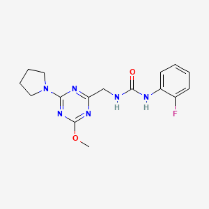 molecular formula C16H19FN6O2 B2491602 1-(2-Fluorophenyl)-3-((4-methoxy-6-(pyrrolidin-1-yl)-1,3,5-triazin-2-yl)methyl)urea CAS No. 2034277-50-2