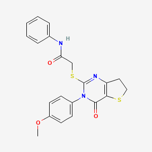 molecular formula C21H19N3O3S2 B2491625 2-[[3-(4-methoxyphenyl)-4-oxo-6,7-dihydrothieno[3,2-d]pyrimidin-2-yl]sulfanyl]-N-phenylacetamide CAS No. 850915-58-1