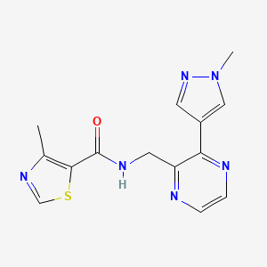 molecular formula C14H14N6OS B2491653 4-methyl-N-((3-(1-methyl-1H-pyrazol-4-yl)pyrazin-2-yl)methyl)thiazole-5-carboxamide CAS No. 2034562-33-7
