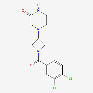 molecular formula C14H15Cl2N3O2 B2491660 4-[1-(3,4-Dichlorobenzoyl)azetidin-3-yl]piperazin-2-one CAS No. 2415563-43-6