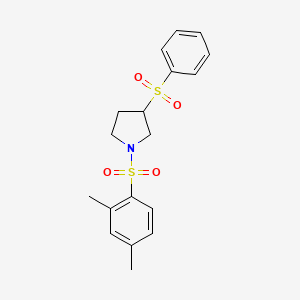 molecular formula C18H21NO4S2 B2491694 1-((2,4-Dimethylphenyl)sulfonyl)-3-(phenylsulfonyl)pyrrolidine CAS No. 1448046-56-7