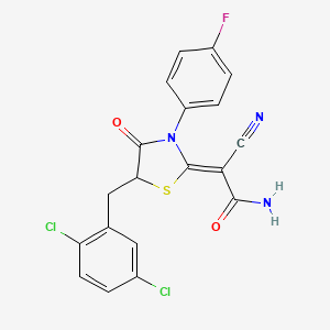 molecular formula C19H12Cl2FN3O2S B2491726 (Z)-2-cyano-2-(5-(2,5-dichlorobenzyl)-3-(4-fluorophenyl)-4-oxothiazolidin-2-ylidene)acetamide CAS No. 786676-75-3
