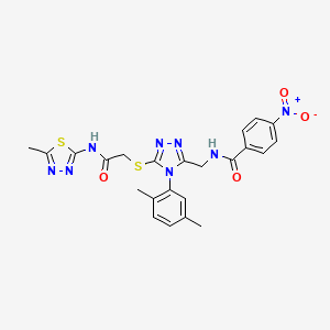 molecular formula C23H22N8O4S2 B2491787 N-((4-(2,5-dimethylphenyl)-5-((2-((5-methyl-1,3,4-thiadiazol-2-yl)amino)-2-oxoethyl)thio)-4H-1,2,4-triazol-3-yl)methyl)-4-nitrobenzamide CAS No. 394662-94-3