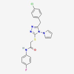 molecular formula C21H17ClFN5OS B2491794 2-((5-(4-chlorobenzyl)-4-(1H-pyrrol-1-yl)-4H-1,2,4-triazol-3-yl)thio)-N-(4-fluorophenyl)acetamide CAS No. 886928-91-2