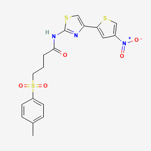 molecular formula C18H17N3O5S3 B2491834 N-(4-(4-nitrothiophen-2-yl)thiazol-2-yl)-4-tosylbutanamide CAS No. 941987-10-6