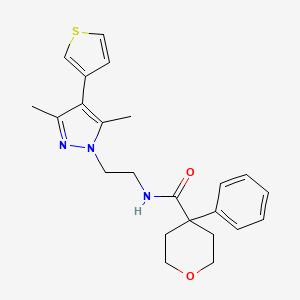 molecular formula C23H27N3O2S B2491848 N-(2-(3,5-二甲基-4-(噻吩-3-基)-1H-嘧唑-1-基)乙基)-4-苯基四氢-2H-吡喃-4-甲酸酯 CAS No. 2034555-65-0