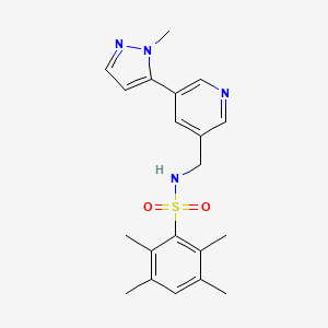molecular formula C20H24N4O2S B2491857 2,3,5,6-tetramethyl-N-((5-(1-methyl-1H-pyrazol-5-yl)pyridin-3-yl)methyl)benzenesulfonamide CAS No. 2034463-60-8