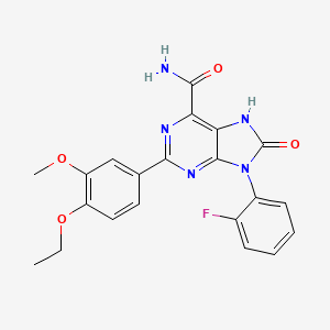 molecular formula C21H18FN5O4 B2491865 2-(4-乙氧基-3-甲氧基苯基)-9-(2-氟苯基)-8-氧代-8,9-二氢-7H-嘧啶-6-甲酰胺 CAS No. 898421-86-8