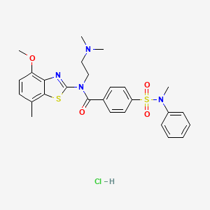 molecular formula C27H31ClN4O4S2 B2491871 N-(2-(二甲基氨基)乙基)-N-(4-甲氧基-7-甲基苯并噻唑-2-基)-4-(N-甲基-N-苯基磺酰基)苯甲酰胺；盐酸盐 CAS No. 1321813-28-8