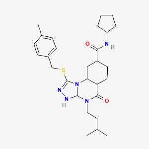 molecular formula C28H33N5O2S B2491880 N-cyclopentyl-4-(3-methylbutyl)-1-{[(4-methylphenyl)methyl]sulfanyl}-5-oxo-4H,5H-[1,2,4]triazolo[4,3-a]quinazoline-8-carboxamide CAS No. 2034419-02-6