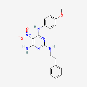 molecular formula C19H20N6O3 B2491888 N~4~-(4-methoxyphenyl)-5-nitro-N~2~-(2-phenylethyl)pyrimidine-2,4,6-triamine CAS No. 672340-80-6