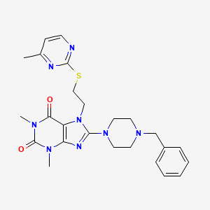 molecular formula C25H30N8O2S B2491892 8-(4-benzylpiperazin-1-yl)-1,3-dimethyl-7-(2-((4-methylpyrimidin-2-yl)thio)ethyl)-1H-purine-2,6(3H,7H)-dione CAS No. 850914-81-7