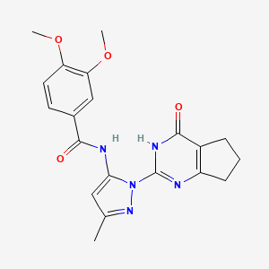 molecular formula C20H21N5O4 B2491901 3,4-dimethoxy-N-(3-methyl-1-(4-oxo-4,5,6,7-tetrahydro-3H-cyclopenta[d]pyrimidin-2-yl)-1H-pyrazol-5-yl)benzamide CAS No. 1003799-55-0