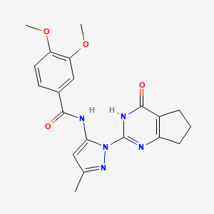 molecular formula C20H21N5O4 B2491901 3,4-dimetoxi-N-(3-metil-1-(4-oxo-4,5,6,7-tetrahidro-3H-ciclopenta[d]pirimidin-2-il)-1H-pirazo-5-il)benzamida CAS No. 1003799-55-0