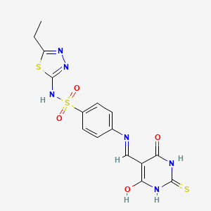 molecular formula C15H14N6O4S3 B2491950 4-(((4,6-dioxo-2-thioxotetrahydropyrimidin-5(2H)-ylidene)methyl)amino)-N-(5-ethyl-1,3,4-thiadiazol-2-yl)benzenesulfonamide CAS No. 1021228-84-1