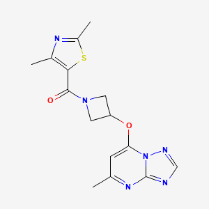 molecular formula C15H16N6O2S B2491951 2,4-Dimethyl-5-[3-({5-methyl-[1,2,4]triazolo[1,5-a]pyrimidin-7-yl}oxy)azetidine-1-carbonyl]-1,3-thiazole CAS No. 2097859-05-5