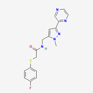 molecular formula C17H16FN5OS B2491952 2-((4-fluorophenyl)thio)-N-((1-methyl-3-(pyrazin-2-yl)-1H-pyrazol-5-yl)methyl)acetamide CAS No. 2034507-69-0