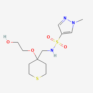 molecular formula C12H21N3O4S2 B2491958 N-((4-(2-hydroxyethoxy)tetrahydro-2H-thiopyran-4-yl)methyl)-1-methyl-1H-pyrazole-4-sulfonamide CAS No. 2319808-94-9