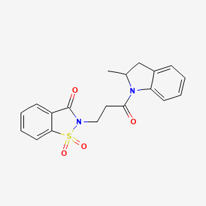 molecular formula C19H18N2O4S B2491986 2-(3-(2-メチルインドリン-1-イル)-3-オキソプロピル)ベンゾ[d]イソチアゾール-3(2H)-オン 1,1-ジオキシド CAS No. 899757-26-7