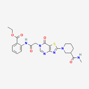 molecular formula C23H26N6O5S B2492044 ethyl 2-(2-(2-(3-(methylcarbamoyl)piperidin-1-yl)-7-oxothiazolo[4,5-d]pyrimidin-6(7H)-yl)acetamido)benzoate CAS No. 1115982-83-6