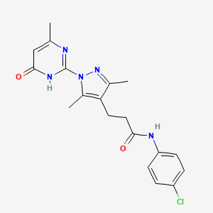 molecular formula C19H20ClN5O2 B2492070 N-(4-chlorophenyl)-3-(3,5-dimethyl-1-(4-methyl-6-oxo-1,6-dihydropyrimidin-2-yl)-1H-pyrazol-4-yl)propanamide CAS No. 1170388-76-7