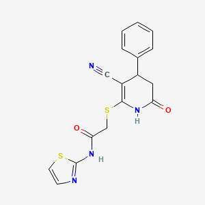 molecular formula C17H14N4O2S2 B2492072 2-(3-Cyano-6-oxo-4-phenyl-1,4,5,6-tetrahydro-pyridin-2-ylsulfanyl)-N-thiazol-2-yl-acetamide CAS No. 352330-66-6
