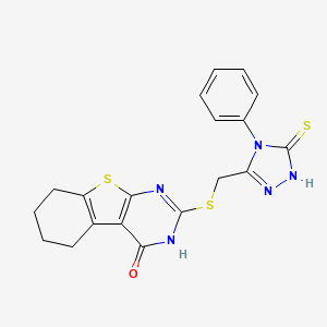 molecular formula C19H17N5OS3 B2492092 2-[(4-phenyl-5-sulfanylidene-1H-1,2,4-triazol-3-yl)methylsulfanyl]-5,6,7,8-tetrahydro-3H-[1]benzothiolo[2,3-d]pyrimidin-4-one CAS No. 302949-26-4