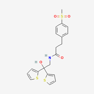 molecular formula C20H21NO4S3 B2492112 N-(2-羟基-2,2-二(噻吩-2-基)乙基)-3-(4-(甲磺基)苯基)丙酰胺 CAS No. 2034486-33-2