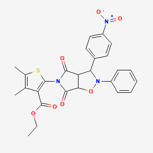 molecular formula C26H23N3O7S B2492133 ethyl 4,5-dimethyl-2-(3-(4-nitrophenyl)-4,6-dioxo-2-phenyltetrahydro-2H-pyrrolo[3,4-d]isoxazol-5(3H)-yl)thiophene-3-carboxylate CAS No. 1005108-98-4