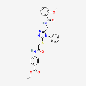 molecular formula C28H27N5O5S B2492145 ethyl 4-(2-((5-((2-methoxybenzamido)methyl)-4-phenyl-4H-1,2,4-triazol-3-yl)thio)acetamido)benzoate CAS No. 393840-70-5