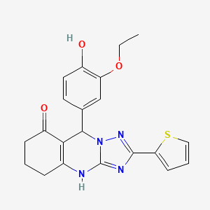 molecular formula C21H20N4O3S B2492147 9-(3-ethoxy-4-hydroxyphenyl)-2-(thiophen-2-yl)-5,6,7,9-tetrahydro-[1,2,4]triazolo[5,1-b]quinazolin-8(4H)-one CAS No. 534590-15-3