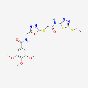 molecular formula C19H22N6O6S3 B2492201 N-[[5-[2-[(5-ethylsulfanyl-1,3,4-thiadiazol-2-yl)amino]-2-oxoethyl]sulfanyl-1,3,4-oxadiazol-2-yl]methyl]-3,4,5-trimethoxybenzamide CAS No. 851784-05-9