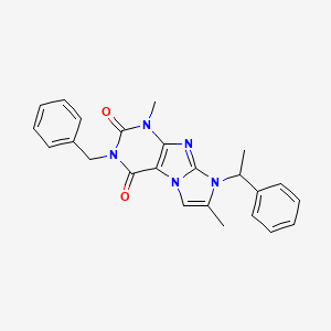 molecular formula C24H23N5O2 B2492226 1,7-Dimethyl-8-(phenylethyl)-3-benzyl-1,3,5-trihydro-4-imidazolino[1,2-h]purin e-2,4-dione CAS No. 919009-19-1