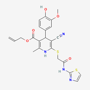 molecular formula C23H22N4O5S2 B2492228 Allyl 5-cyano-4-(4-hydroxy-3-methoxyphenyl)-2-methyl-6-((2-oxo-2-(thiazol-2-ylamino)ethyl)thio)-1,4-dihydropyridine-3-carboxylate CAS No. 442556-38-9
