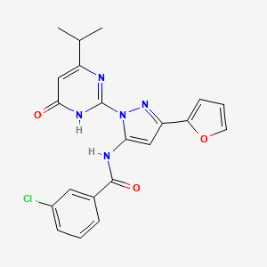 molecular formula C21H18ClN5O3 B2492234 3-chloro-N-(3-(furan-2-yl)-1-(4-isopropyl-6-oxo-1,6-dihydropyrimidin-2-yl)-1H-pyrazol-5-yl)benzamide CAS No. 1206995-56-3