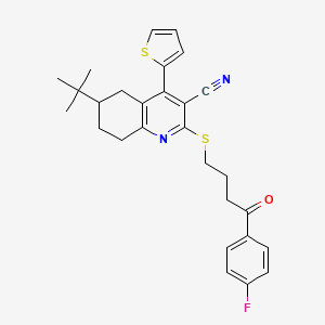 molecular formula C28H29FN2OS2 B2492256 6-(Tert-butyl)-2-{[4-(4-fluorophenyl)-4-oxobutyl]sulfanyl}-4-(2-thienyl)-5,6,7,8-tetrahydro-3-quinolinecarbonitrile CAS No. 939888-64-9
