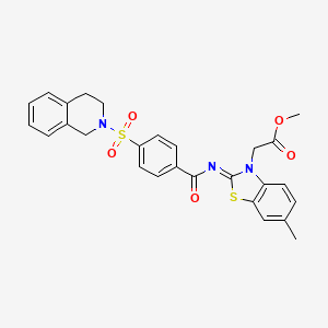 molecular formula C27H25N3O5S2 B2492260 (Z)-methyl 2-(2-((4-((3,4-dihydroisoquinolin-2(1H)-yl)sulfonyl)benzoyl)imino)-6-methylbenzo[d]thiazol-3(2H)-yl)acetate CAS No. 865197-39-3