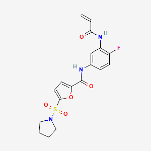 molecular formula C18H18FN3O5S B2492293 N-[4-Fluoro-3-(prop-2-enoylamino)phenyl]-5-pyrrolidin-1-ylsulfonylfuran-2-carboxamide CAS No. 2361836-63-5