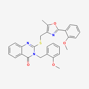 molecular formula C28H25N3O4S B2492301 3-(2-methoxybenzyl)-2-(((2-(2-methoxyphenyl)-5-methyloxazol-4-yl)methyl)thio)quinazolin-4(3H)-one CAS No. 1114647-86-7