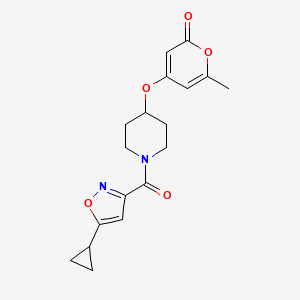 molecular formula C18H20N2O5 B2492355 4-((1-(5-cyclopropylisoxazole-3-carbonyl)piperidin-4-yl)oxy)-6-methyl-2H-pyran-2-one CAS No. 1798679-33-0