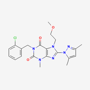molecular formula C21H23ClN6O3 B2492374 1-(2-chlorobenzyl)-8-(3,5-dimethyl-1H-pyrazol-1-yl)-7-(2-methoxyethyl)-3-methyl-1H-purine-2,6(3H,7H)-dione CAS No. 1014032-06-4