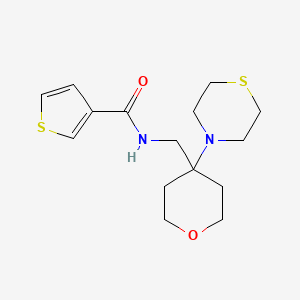 molecular formula C15H22N2O2S2 B2492385 N-[(4-Thiomorpholin-4-yloxan-4-yl)methyl]thiophene-3-carboxamide CAS No. 2415472-50-1