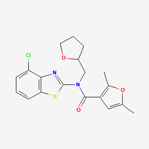 molecular formula C19H19ClN2O3S B2492416 N-(4-氯苯并[4,5-d]噻唑-2-基)-2,5-二甲基-N-((四氢呋喃-2-基)甲基)呋喃-3-羧酰胺 CAS No. 1171243-46-1