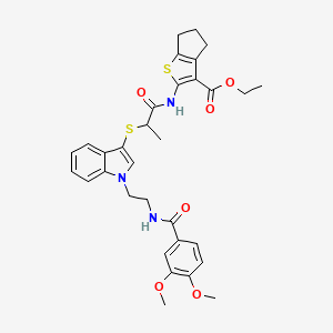molecular formula C32H35N3O6S2 B2492498 ethyl 2-[2-[1-[2-[(3,4-dimethoxybenzoyl)amino]ethyl]indol-3-yl]sulfanylpropanoylamino]-5,6-dihydro-4H-cyclopenta[b]thiophene-3-carboxylate CAS No. 533867-47-9