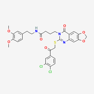 molecular formula C31H29Cl2N3O7S B2492543 4-(6-((2-(3,4-二氯苯基)-2-氧代乙基)硫基)-8-氧代-[1,3]二氧杂杂氧杂杂[4,5-g]喹唑啉-7(8H)-基)-N-(3,4-二甲氧基苯乙基)丁酰胺 CAS No. 688060-43-7