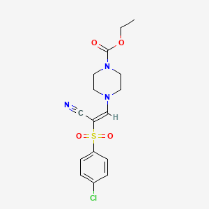 molecular formula C16H18ClN3O4S B2492586 (E)-乙酸-4-(2-((4-氯苯基)磺酰)-2-氰基乙烯基)哌啶-1-甲酸乙酯 CAS No. 885187-59-7