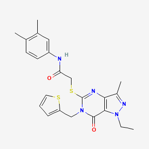 molecular formula C23H25N5O2S2 B2492598 N-(3,4-二甲基苯基)-2-((1-乙基-3-甲基-7-氧代-6-(噻吩-2-基甲基)-6,7-二氢-1H-嘧啶-5-基)硫)-乙酰胺 CAS No. 1358832-16-2